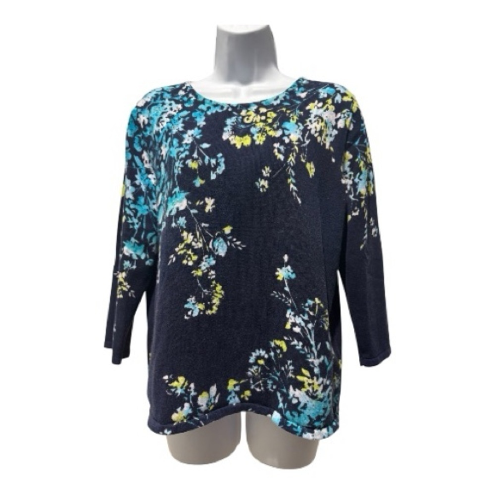 Alfred Dunner PL Floral 3/4 Sleeve Top Navy Cotton Knit Rhinestone Sparkle